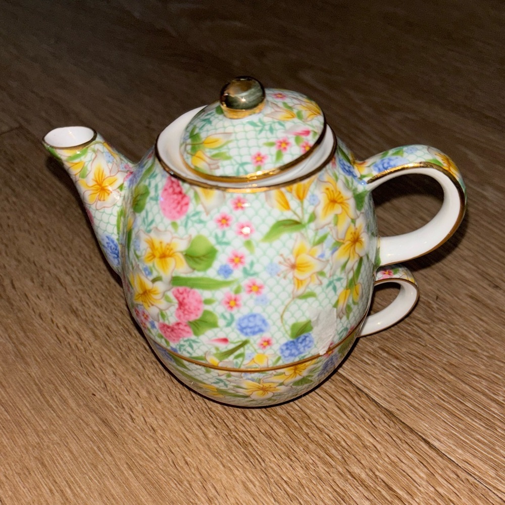 DANA Fine China Tea For One Set Floral Teapot & Teacup Gold Trim b69